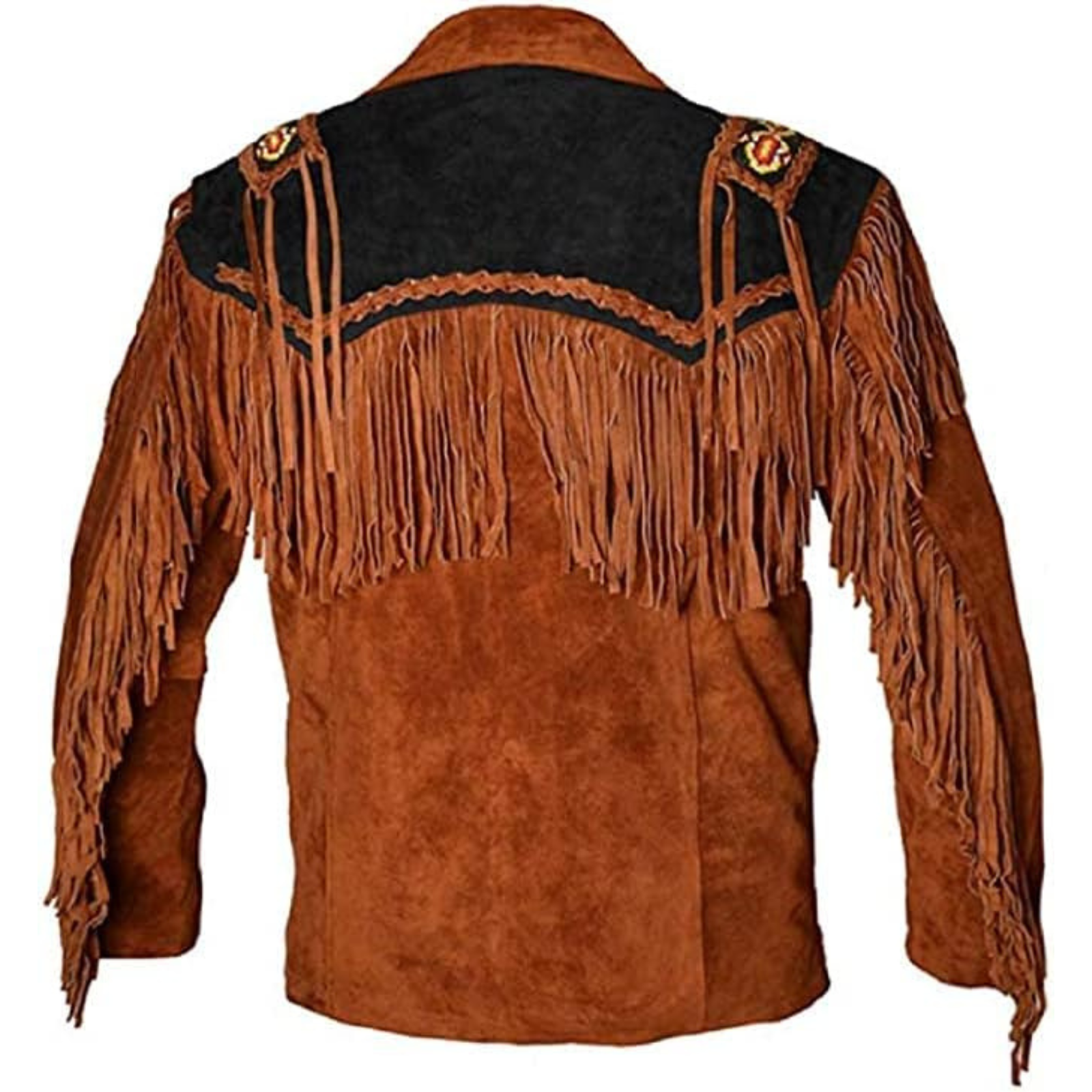 New Brown Western Suede Leather Jacket Native American Cowboy Fringes & Beads - Image 2