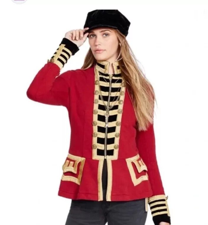 Women's Red French Terry Officer's Military Style Wool Jacket Gold Embroidery
