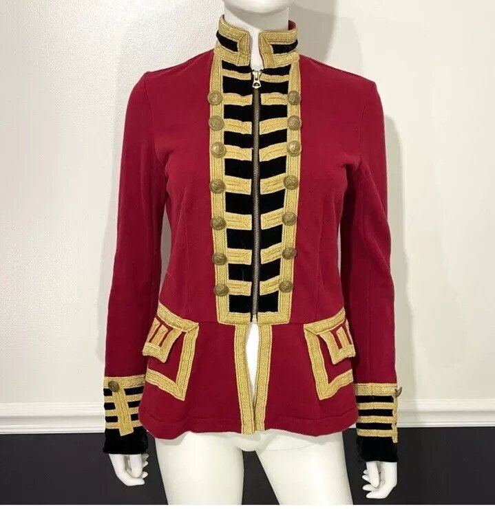 Women's Red French Terry Officer's Military Style Wool Jacket Gold Embroidery - Image 2