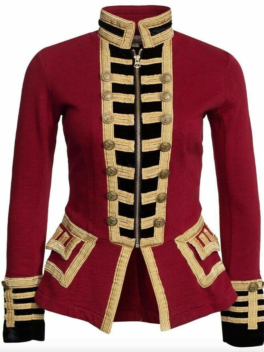Women's Red French Terry Officer's Military Style Wool Jacket Gold Embroidery - Image 4