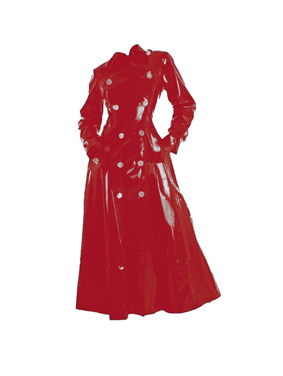Women's Red PVC Long Trench Coat Shiny Paten Emo Fashion Waterproof Overcoat - Image 2