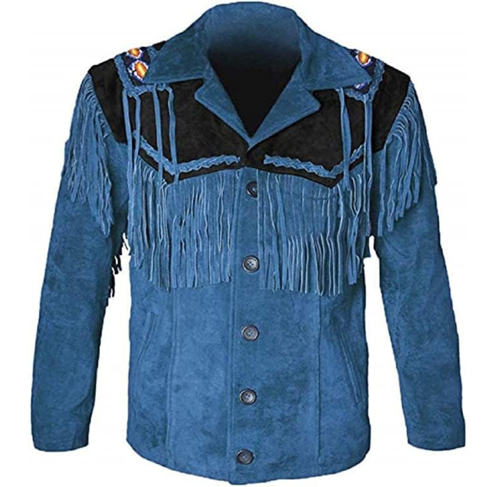 Men’s Blue Western Suede Fringe Jacket | Beaded Cowboy Style Leather Coat