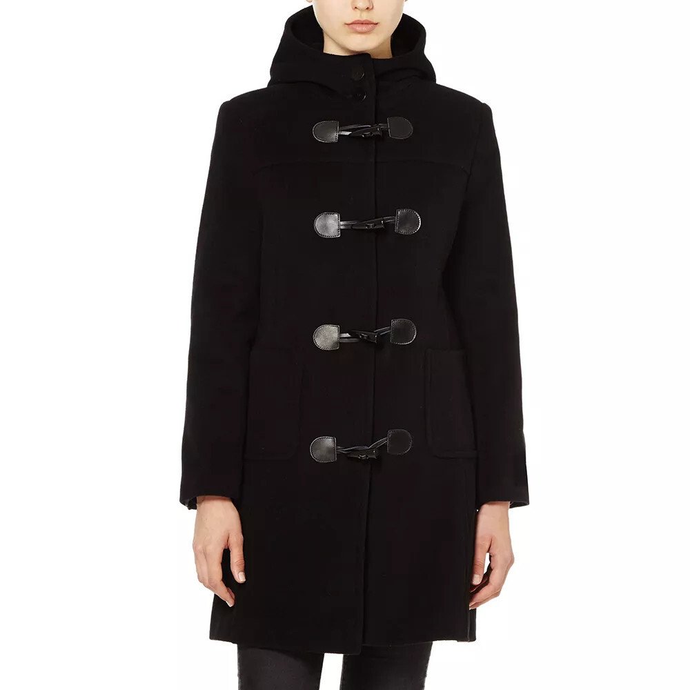 Women's Black Classic Wool Duffle Coat with Hood Winter Toggle Trench Jacket
