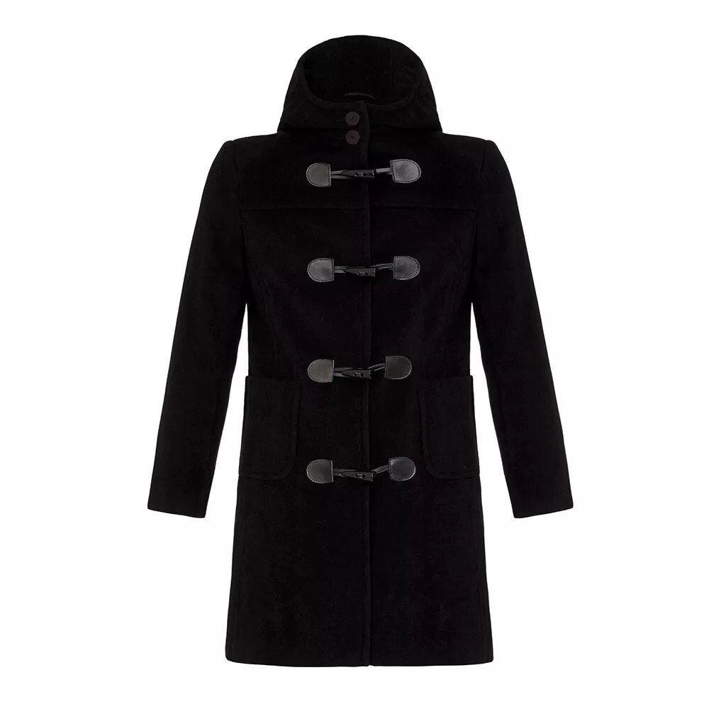 Women's Black Classic Wool Duffle Coat with Hood Winter Toggle Trench Jacket - Image 3