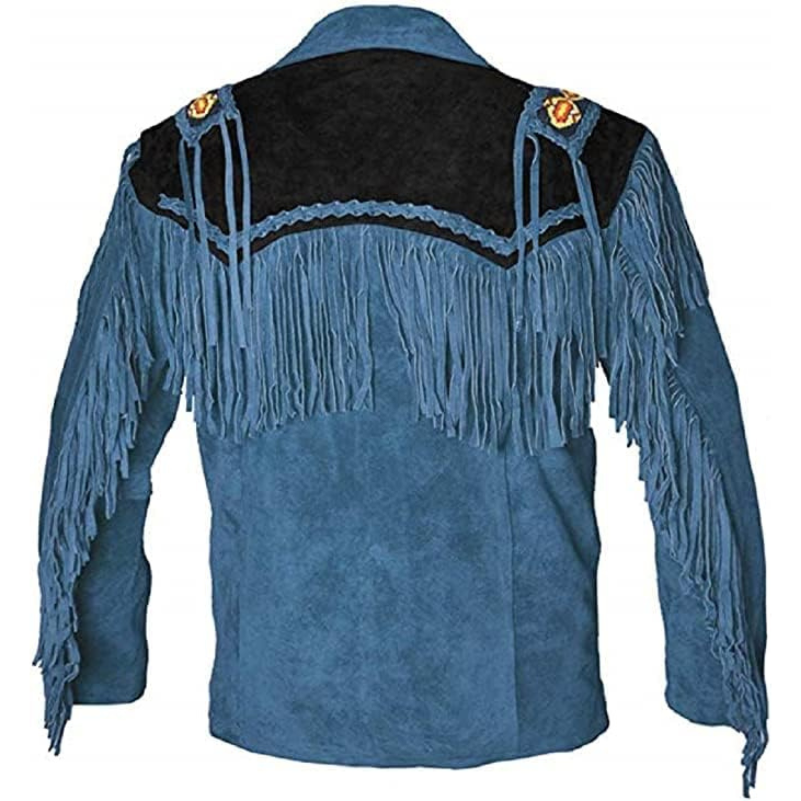 Men’s Blue Western Suede Fringe Jacket | Beaded Cowboy Style Leather Coat - Image 2