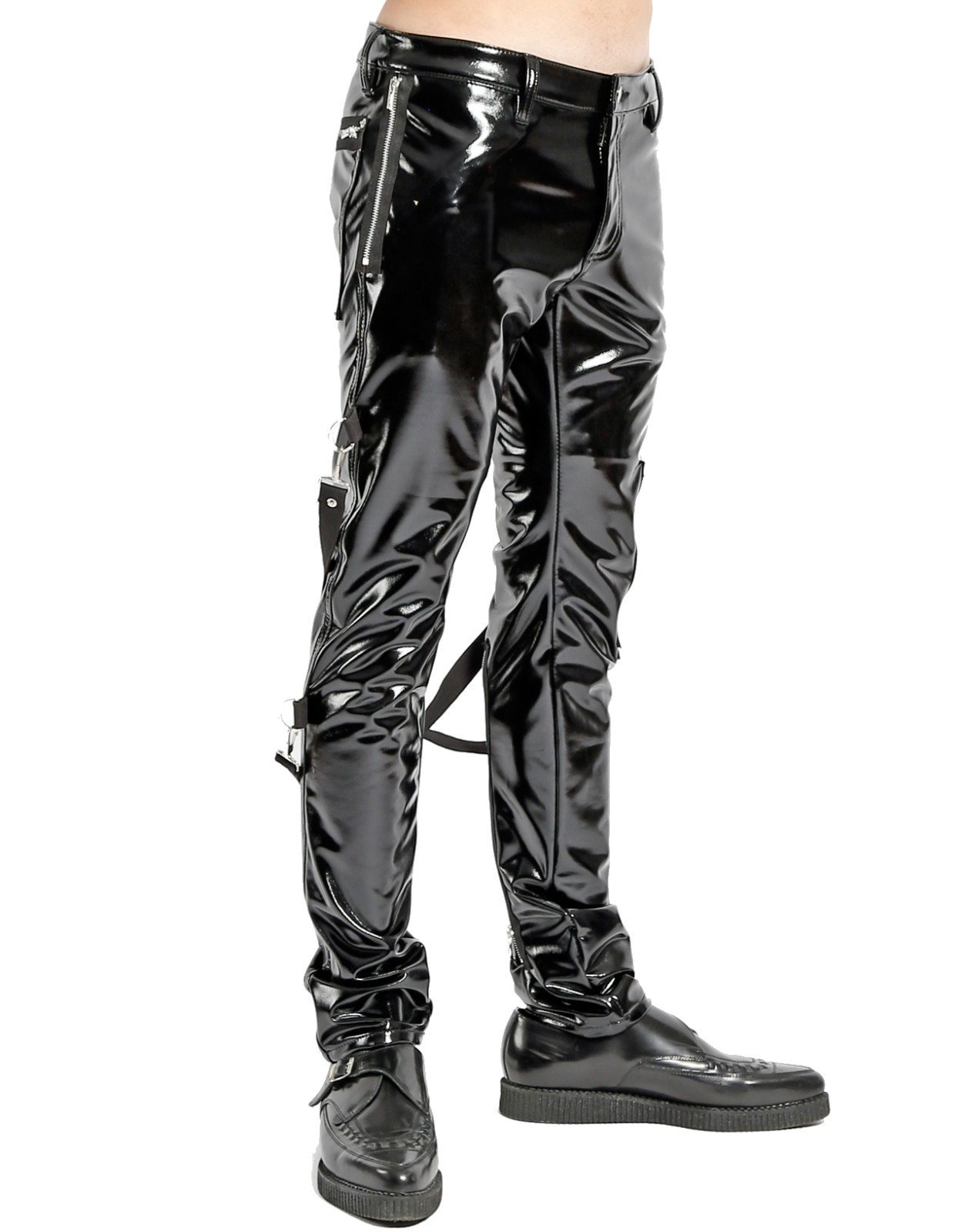 MEN Vinyl PVC Goth Punk Vampire Gothic Black Slim Shiny Pants Buckle Straps - Image 2