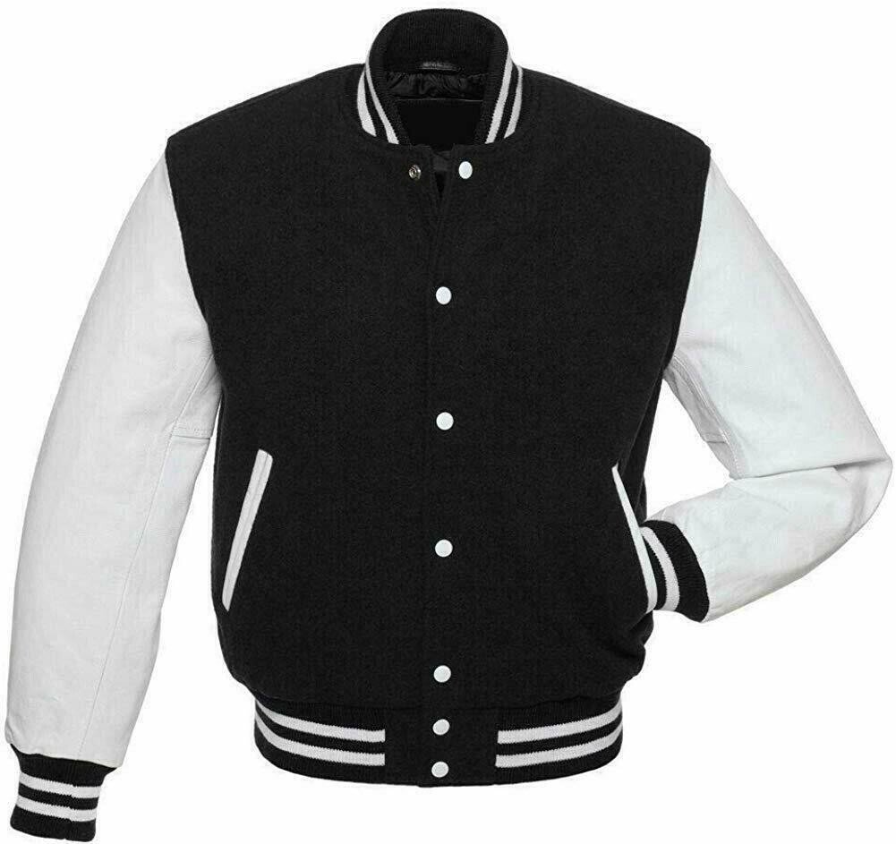 Men Varsity Letterman Jacket Black White Wool Blend Baseball Bomber Retro Style