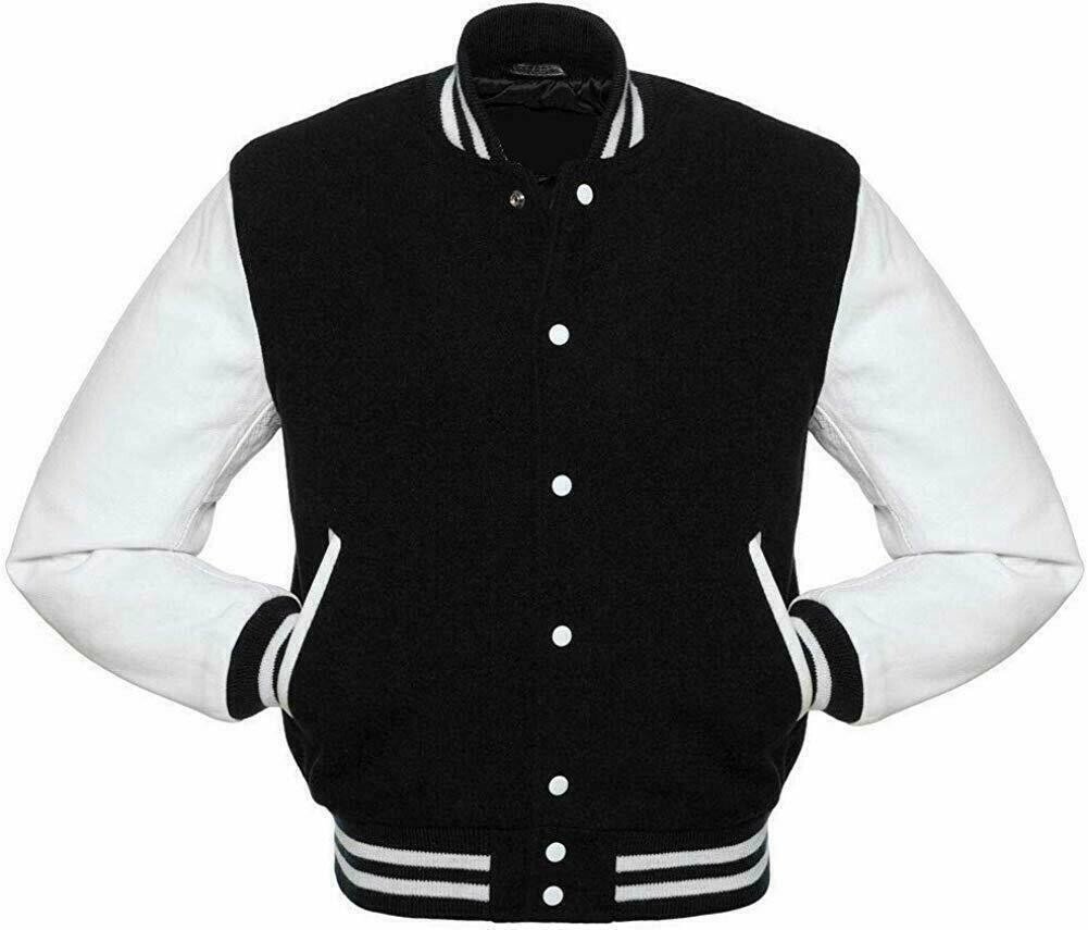 Men Varsity Letterman Jacket Black White Wool Blend Baseball Bomber Retro Style - Image 2