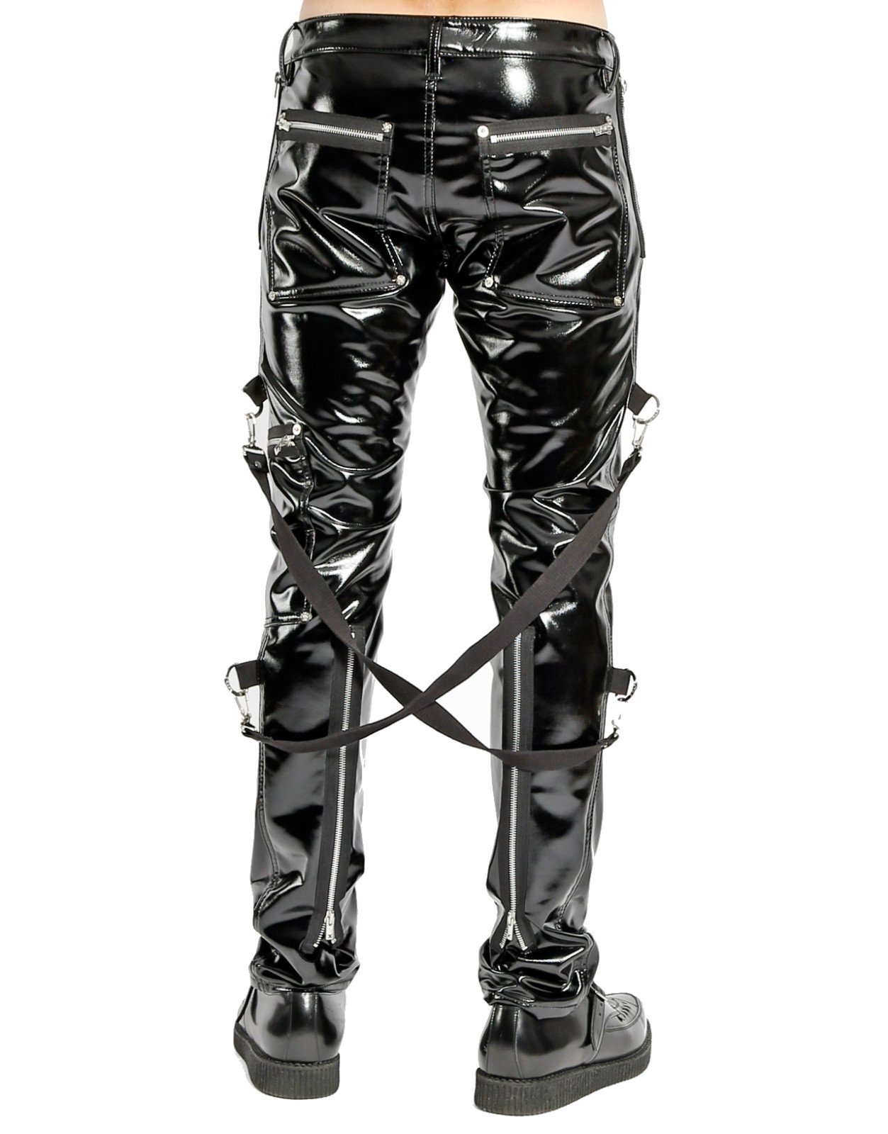 MEN Vinyl PVC Goth Punk Vampire Gothic Black Slim Shiny Pants Buckle Straps - Image 3