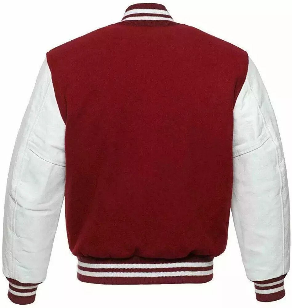 Men Varsity Letterman Jacket Maroon White Wool Blend Baseball Bomber Retro Style - Image 2