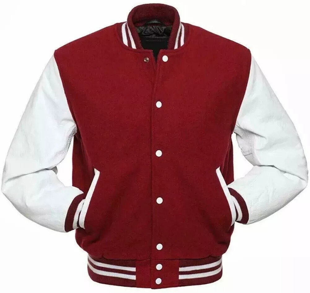 Men Varsity Letterman Jacket Maroon White Wool Blend Baseball Bomber Retro Style - Image 3