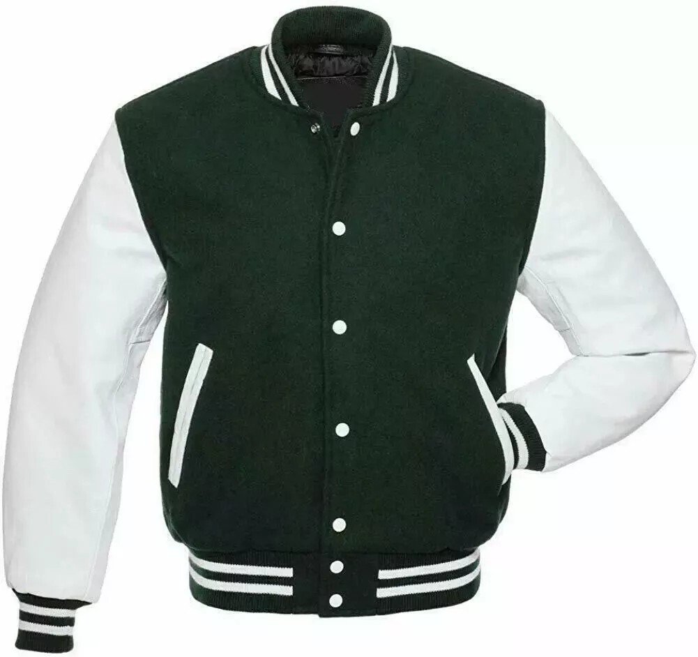 Men's Varsity Letterman Jacket Forest Green White Wool Blend Bomber Retro Style