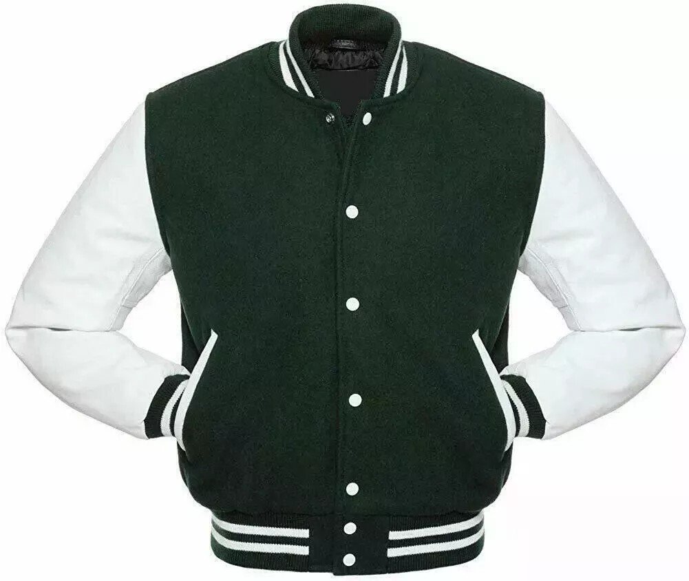 Men's Varsity Letterman Jacket Forest Green White Wool Blend Bomber Retro Style - Image 3