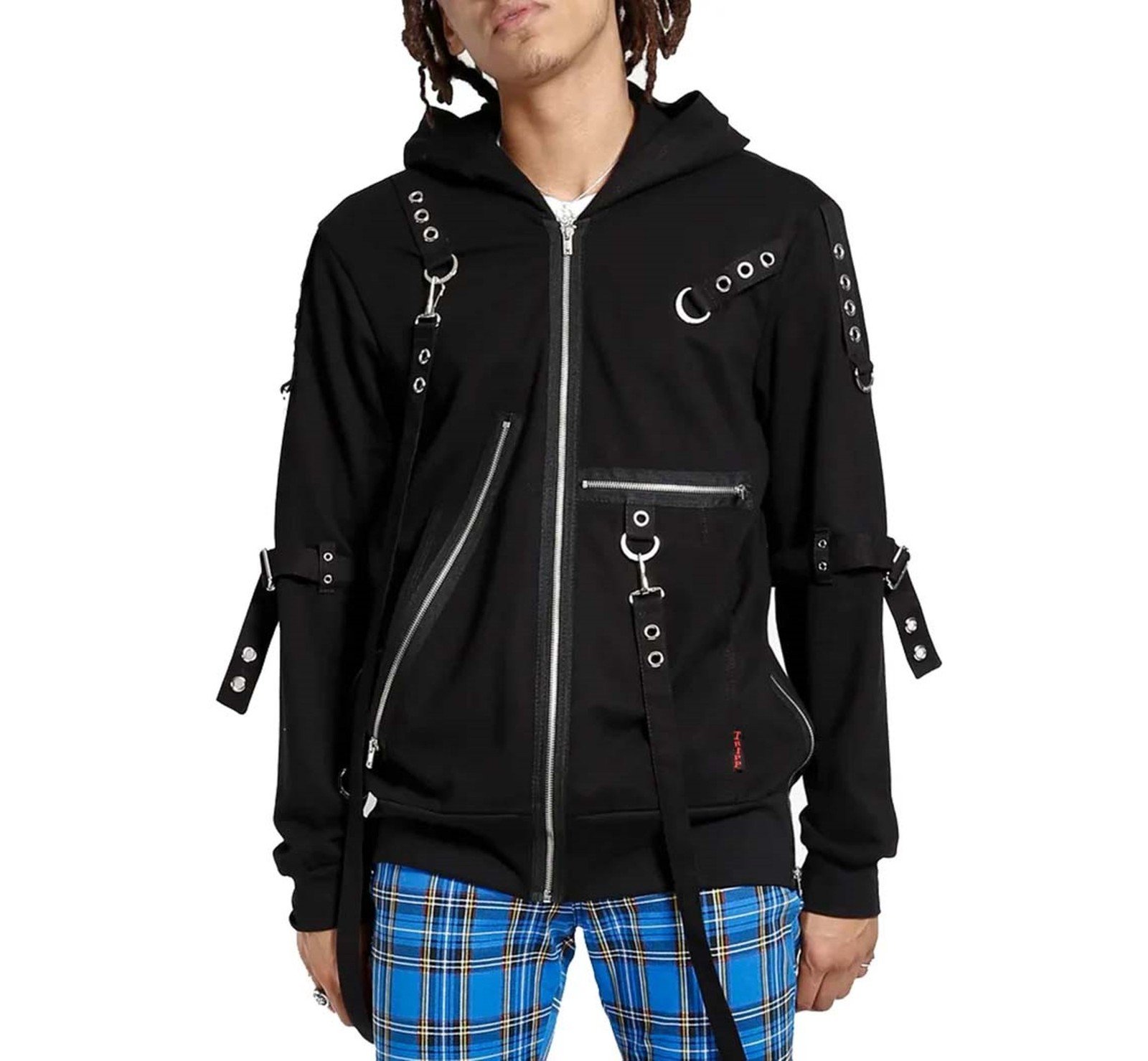 Men Punk Rock Biker Jacket Black Zip Rivet Buckle Style Goth with Harness Straps