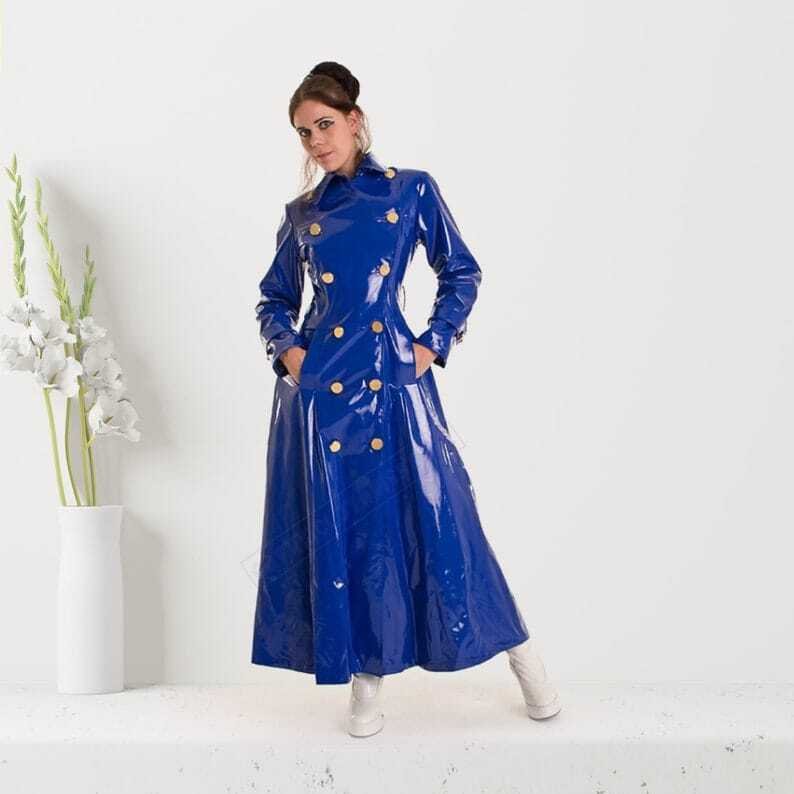 Women’s Blue Glossy PVC Trench Coat Long Wet Look Vinyl Jacket Double Breasted