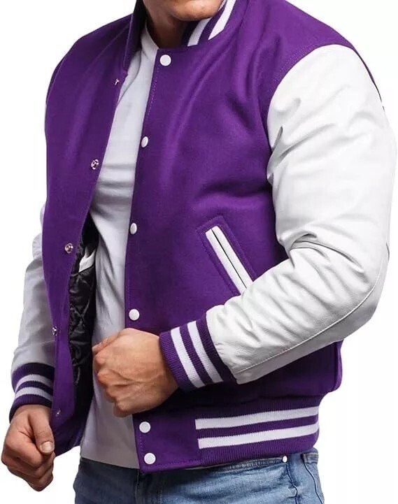 Men Varsity Letterman Jacket Purple White Wool Blend Baseball Bomber Retro Style - Image 2