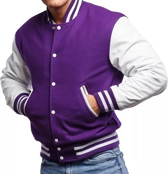 Men Varsity Letterman Jacket Purple White Wool Blend Baseball Bomber Retro Style - Image 4