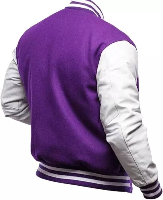 Men Varsity Letterman Jacket Purple White Wool Blend Baseball Bomber Retro Style - Image 5