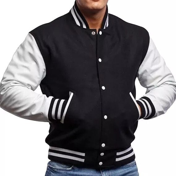 Men Varsity Letterman Jacket Black/White Wool Blend Baseball Bomber Retro Style - Image 2