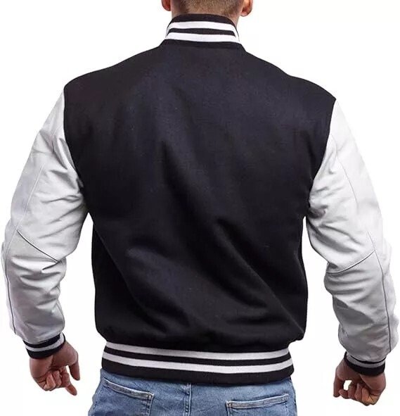 Men Varsity Letterman Jacket Black/White Wool Blend Baseball Bomber Retro Style - Image 3