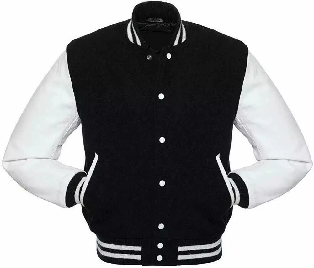 Men Varsity Letterman Jacket Black/White Wool Blend Baseball Bomber Retro Style - Image 4