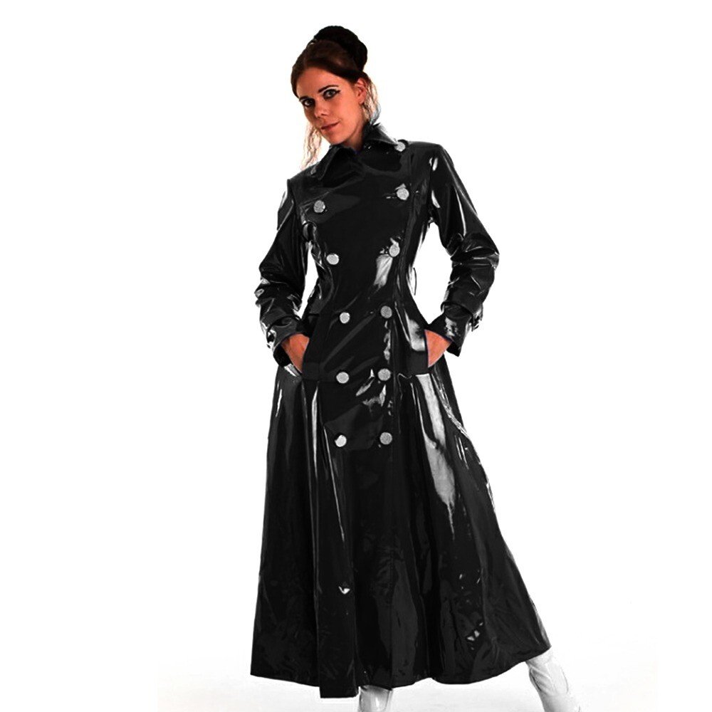 Women’s Glossy Black PVC Trench Coat Long Wet Look Vinyl Jacket Double Breasted