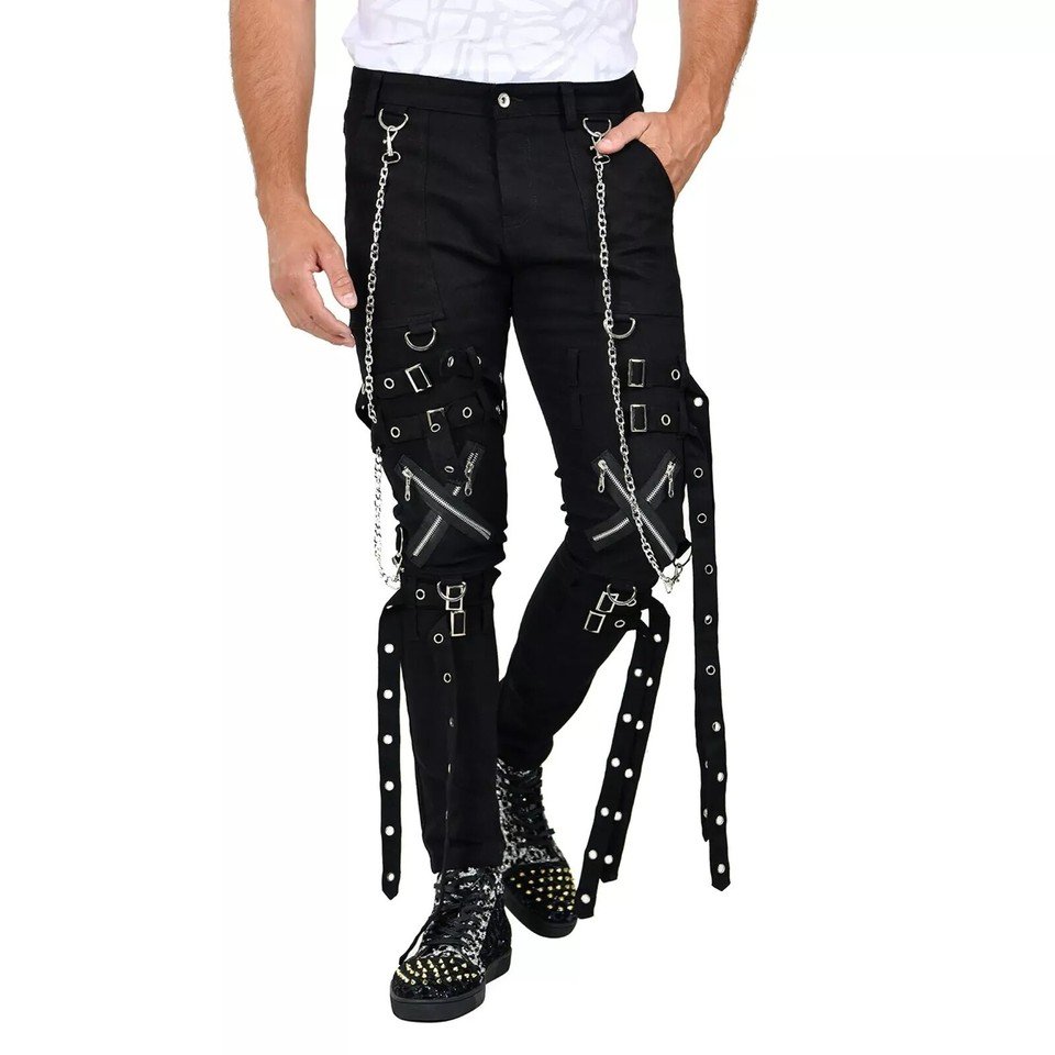 Electro Bondage Gothic Trouser Skinny Pants Chains Straps Zipper Emo Rock Cyber