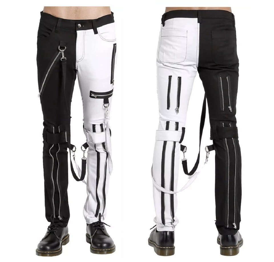 Unisex Electro Bondage Gothic Trouser Black White Split Leg Techwear Pants Punk
