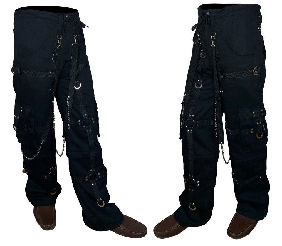 Black Gothic Bondage Pants with Chains & Straps | Punk Techwear Cargo Trousers
