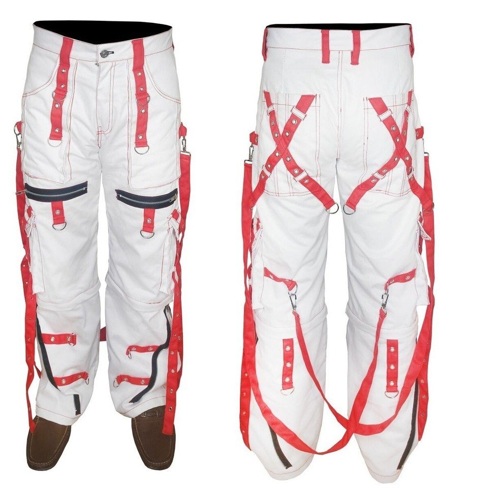 White & Red Gothic Rave Bondage Pants Tripp Style Chains Straps Zippers Unisex