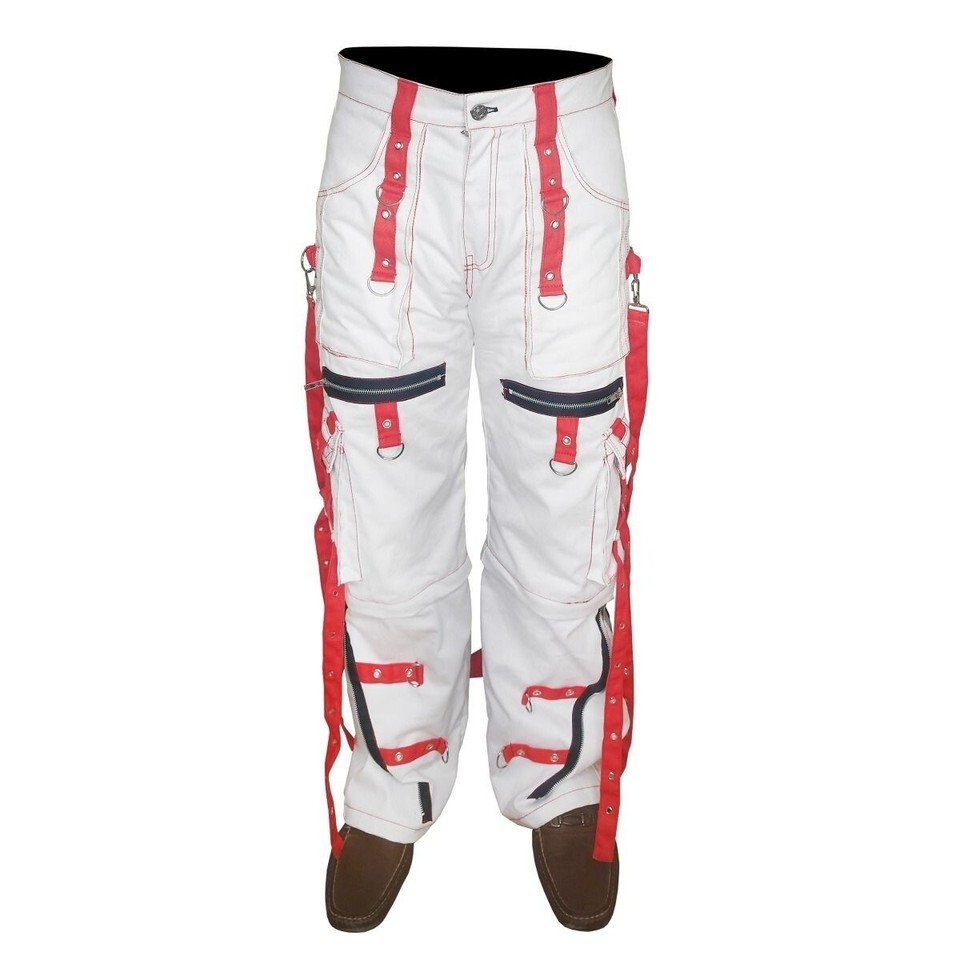 White & Red Gothic Rave Bondage Pants Tripp Style Chains Straps Zippers Unisex - Image 2
