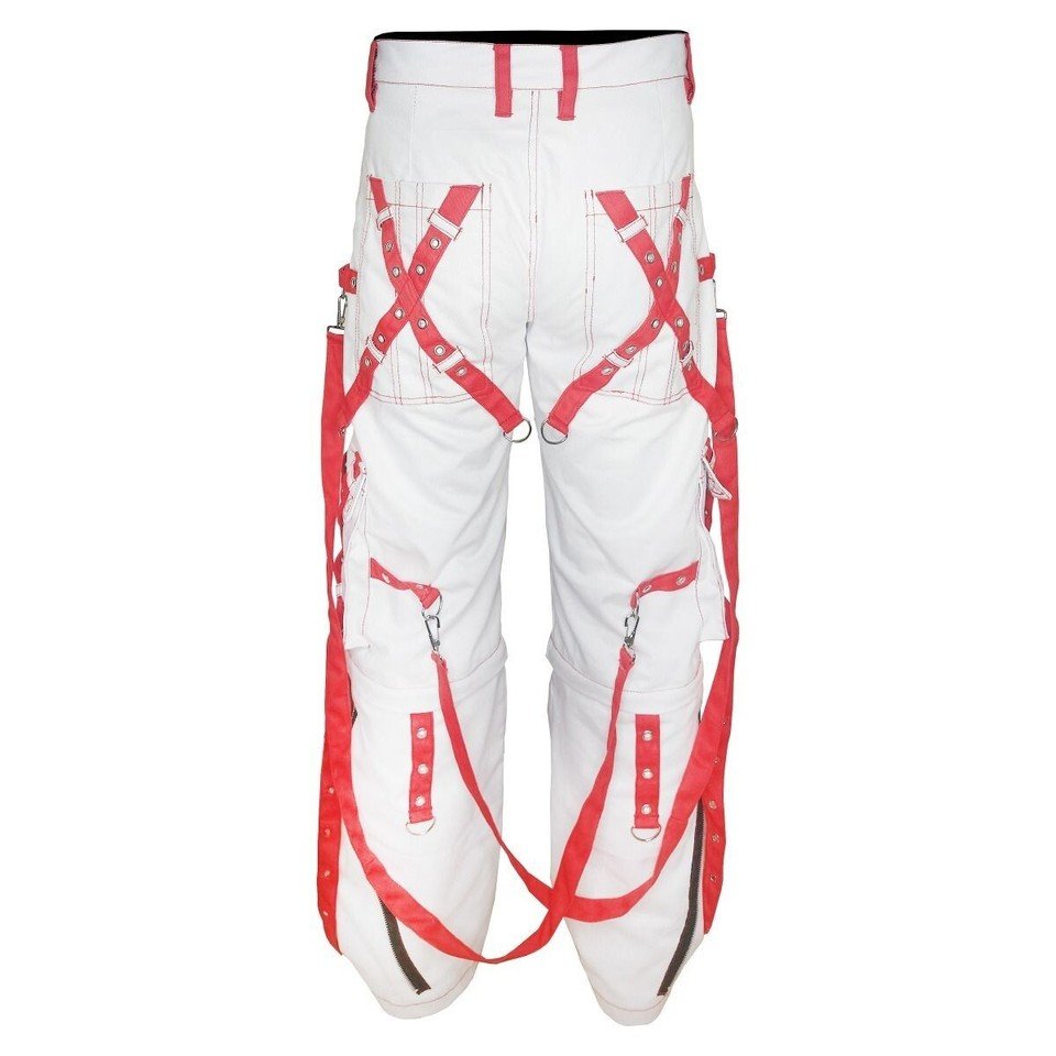 White & Red Gothic Rave Bondage Pants Tripp Style Chains Straps Zippers Unisex - Image 3