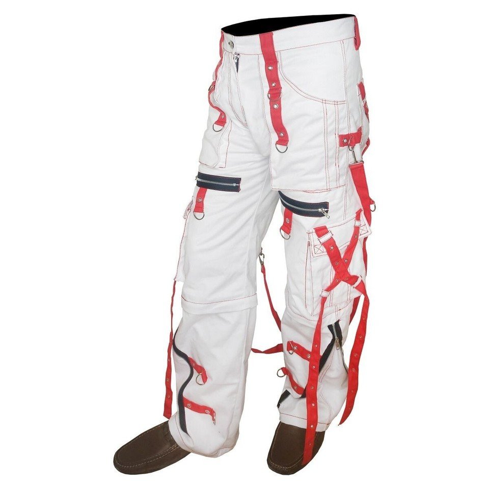 White & Red Gothic Rave Bondage Pants Tripp Style Chains Straps Zippers Unisex - Image 4