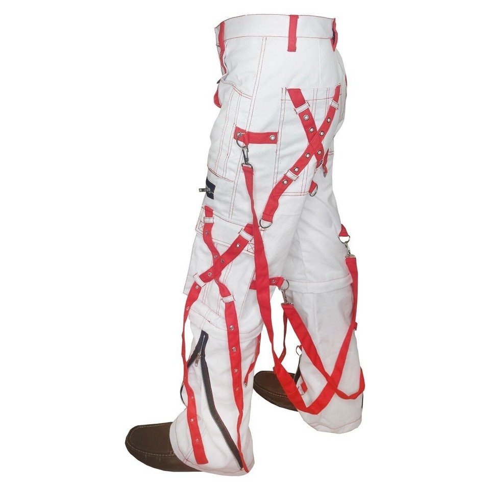 White & Red Gothic Rave Bondage Pants Tripp Style Chains Straps Zippers Unisex - Image 5