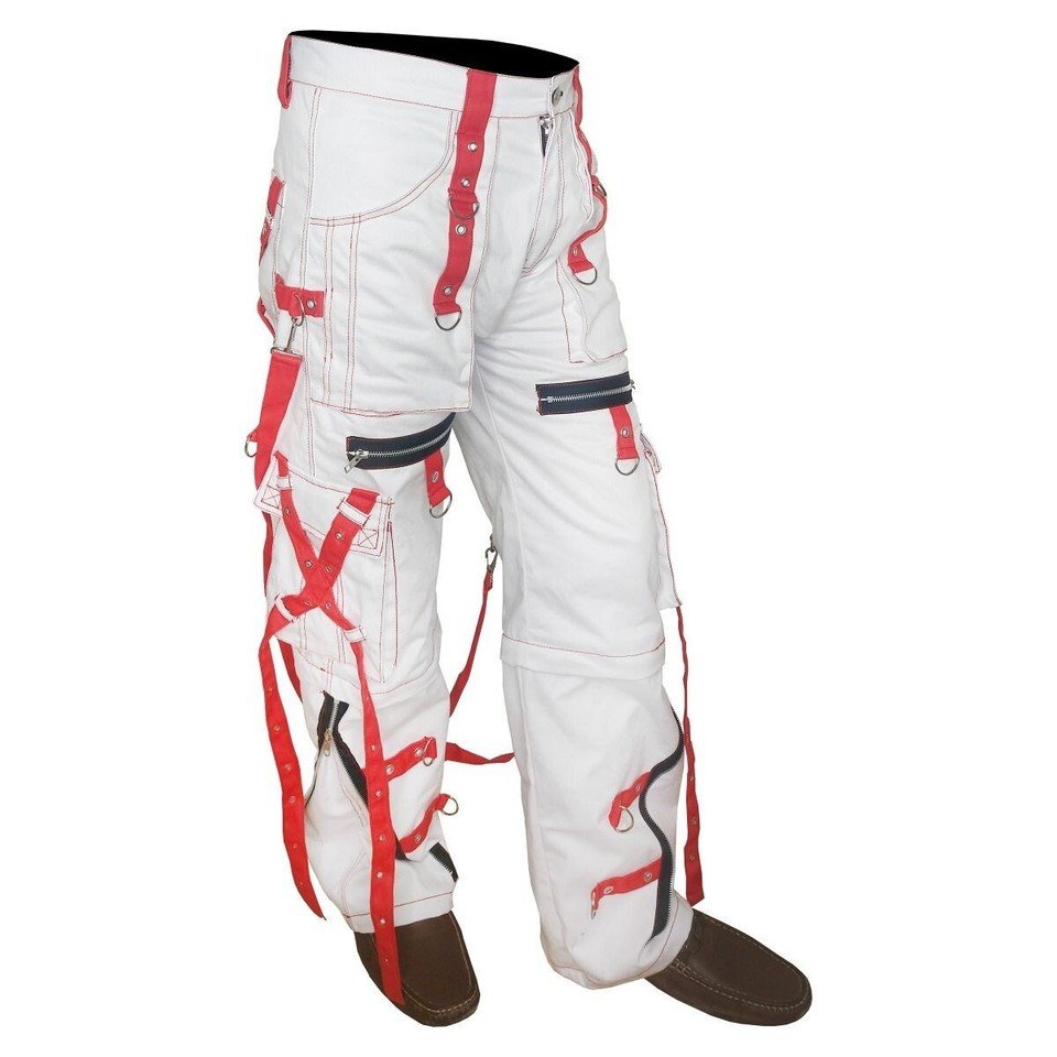 White & Red Gothic Rave Bondage Pants Tripp Style Chains Straps Zippers Unisex - Image 6